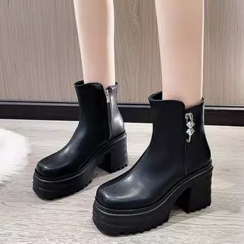 Ботильоны женские на платформе из кожи с кристаллами на высоком каблуке, модная обувь, дизайнерские мотоциклетные ботинки, трендовые массивные туфли-лодочки Botas Mujer 35