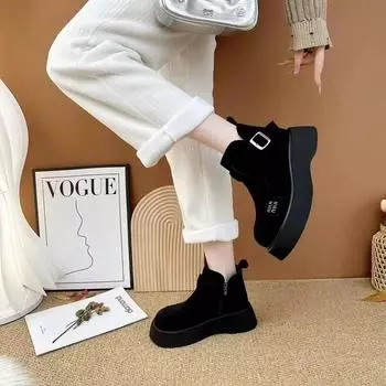 Ботильоны женские на платформе из меха, замшевые туфли на плоской подошве, модная женская обувь 2025 года, трендовая зимняя дизайнерская обувь для ходьбы, теплая повседневная женская обувь для снега 35 чёрный