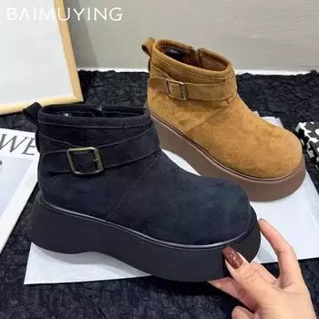 Ботильоны женские на платформе из замши для снега, теплые туфли на плоской подошве, женские зимние трендовые брендовые готические кроссовки 2025 года, мотоциклетные ботинки Botas De Mujer 35 чёрный