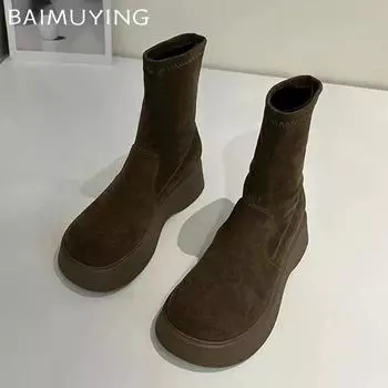 Ботильоны женские на платформе из замши для снега, теплые туфли на плоской подошве, женские, 2025, тренд, зимние, повседневные, для прогулок, готические, мотоциклетные, Botas De Mujer 35 чёрный