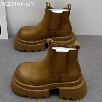 Ботильоны женские на платформе кожаные туфли на среднем каблуке женские 2025 трендовые зимние сапоги дизайнерские готические зимние новые мотоциклетные сапоги Mujer 35 чёрный