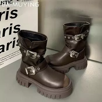 Ботильоны женские на платформе, модные кожаные туфли с пряжкой на среднем каблуке, тренд 2025 года, массивные туфли-лодочки в готическом стиле, зимние мотоциклетные ботинки для женщин 35 чёрный