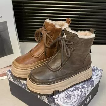 Ботильоны женские на платформе, модные зимние теплые плюшевые туфли, зимние повседневные удобные туфли, трендовые спортивные туфли на шнуровке для ходьбы, женские ботинки 35