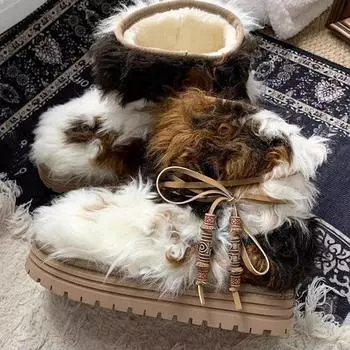 Ботильоны женские на платформе с мехом и бантом, зимние ботинки на плоской подошве из плюша и хлопка, брендовые женские зимние новые трендовые теплые повседневные ботинки Botas Mujer 35