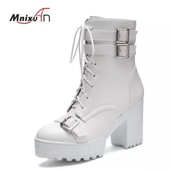 Ботильоны женские на шнуровке, модные, весна-осень, на платформе, панк, высокие каблуки, черные, белые, осенние, резиновые, женские, Botas Mujer 35