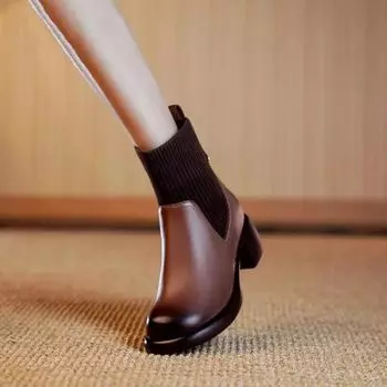 Ботильоны женские на толстом каблуке квадратные Doc Martens вязаные узкие ботинки модные удобные эластичные ботинки на среднем каблуке носки 35 темно-коричневого