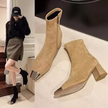 Ботильоны женские на толстом высоком каблуке замшевые туфли женские с металлическим острым носком 2025 года тренд зима новый готический походный снег Botas De Mujer 35 хаки