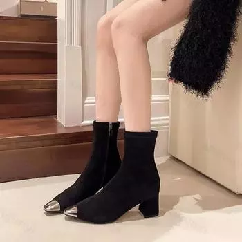 Ботильоны женские на толстом высоком каблуке замшевые туфли женские с металлическим острым носком 2025 года тренд зима новый готический походный снег Botas De Mujer 35 хаки