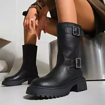 Ботильоны женские осенне-зимние с круглым носком, толстым дном, пряжкой на ремне, ретро-ботинки челси, черные, на толстом каблуке, короткие рыцарские ботинки 35 чёрный