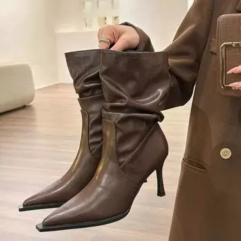Ботильоны женские осенне-зимние с острым носком, элегантные, с отложным дизайном, туфли-лодочки Челси, короткие сапоги на тонком высоком каблуке 34 чёрный