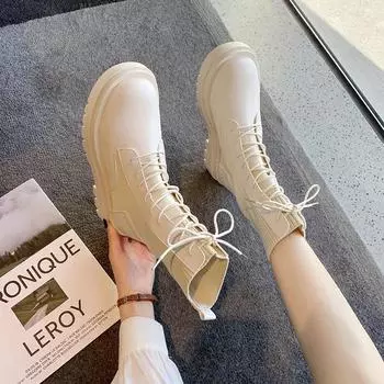 Ботильоны женские осенние мотоциклетные ботинки на толстом каблуке и платформе женские туфли без застежек с круглым носком модные удобные на шнуровке 2024 35