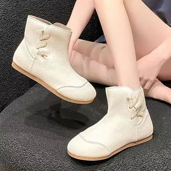 Ботильоны женские ретро с плоской подошвой, однотонные туфли для прогулок на открытом воздухе, повседневные, с круглым носком, с мягкой подошвой, короткие, модные ботинки для женщин 36 бежевый