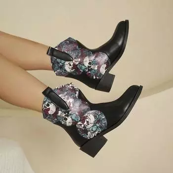 Ботильоны женские с квадратным каблуком и случайным принтом, модная кожаная обувь осени 2025 года, трендовые зимние ботинки, новые женские ботинки 35