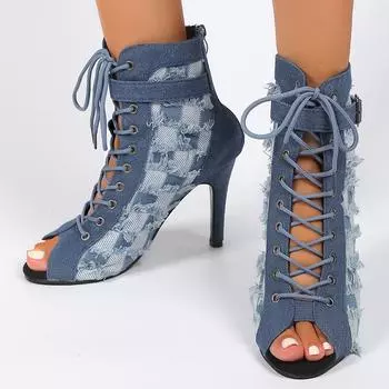 Ботильоны женские с открытым носком и очень высоким каблуком, осенние ботинки на шпильках с ремешками, джинсы с ремешками, короткие волнистые тарты 35