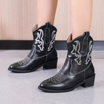 Ботильоны женские с вышитым дизайном, с острым носком, на квадратном каблуке, осень-зима, кожаные сапоги из искусственной кожи для женщин, ручная работа, Botas Mujer 36
