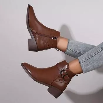 Ботильоны женские толстые высокие каблуки с острым носком и пряжкой украшения женские короткие сапоги осень и зима ретро женские сапоги на молнии 34 чёрный