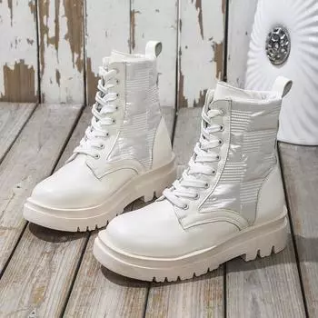 Ботильоны женские весенние мотоциклетные ботинки туфли на толстом каблуке и платформе женские модные ботинки без застежек с круглым носком Botas Mujer 35