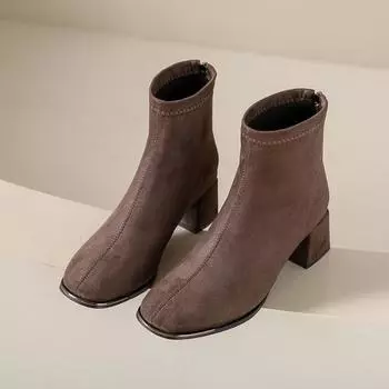 Ботильоны женские весна осень серо-черные женские туфли на толстом среднем каблуке замшевые короткие ботинки с квадратным носком сзади на молнии 35 чёрный