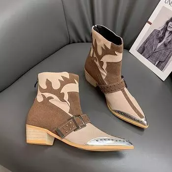 Ботильоны женские вышитые ковбойские сапоги в стиле вестерн короткие сапоги на толстом каблуке модные ретро классические ковбойские сапоги 35 коричневый