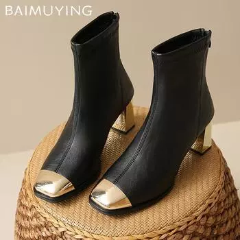 Ботильоны женские зимние туфли кожаные квадратные носки элегантные туфли на высоком каблуке 2025 тренд зимние массивные туфли-лодочки готические Botas De Mujer 34 чёрный