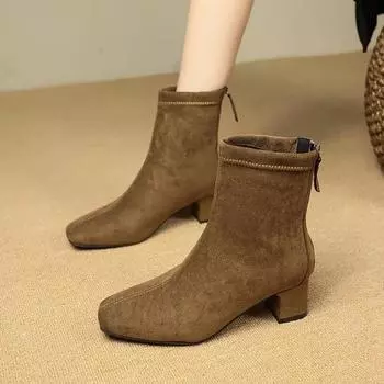 Ботильоны зимние квадратные каблуки современные женские туфли на молнии с квадратным носком распродажа 2025 модные женские ботинки на среднем каблуке однотонные сшитые 34 хаки