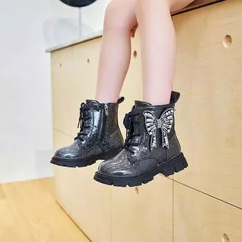 Botines/ботинки для девочек, осенне-зимняя новая обувь принцессы с бантом, модные блестящие ботильоны на мягкой подошве, нескользящая детская обувь Botas 21 чёрный
