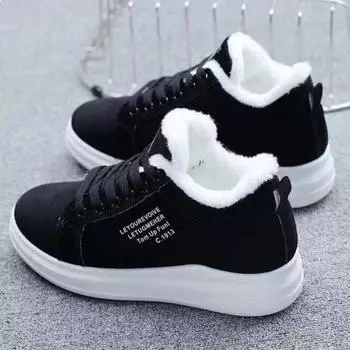 Botines clidos de felpa para mujer, zapatillas planas con cordones, botas cortas de nieve, женские ботинки Invierno 35 чёрный