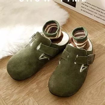 Ботинки Bokken женские зеленые кожаные замшевые с круглым носком в стиле ретро на плоской мягкой подошве на одну ногу со стременем Baotou Half Mop 35
