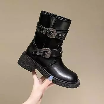 Ботинки Botas женские с круглым носком и средней длиной до икры в стиле ретро с пряжкой на ремне короткие сапоги осень-зима панк мотоциклетные сапоги 35