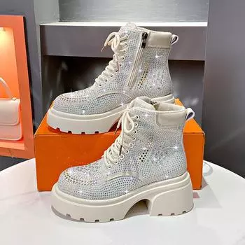 Ботинки Ботильоны женские из натуральной кожи класса люкс Мозаика Кристалл 6 см увеличивающие рост Мотоциклетные ботинки осенние женские зимние ботинки 35 чёрный