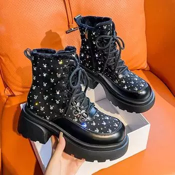 Ботинки Ботильоны женские кожаные роскошные мозаичные кристаллы 6 см увеличивающие рост мотоциклетные ботинки осенние женские зимние ботинки 35 чёрный