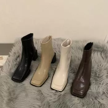 Ботинки Челси 2024 года, осенние женские ботинки на высоком каблуке, модные женские короткие ботинки на квадратном каблуке, качественные женские ботильоны с молнией сзади 35 бежевый