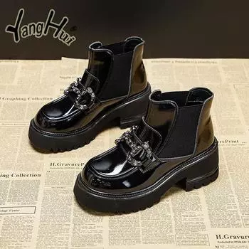 Ботинки Челси из искусственной кожи, эластичная ткань в корейском стиле, аксессуары со стразами, туфли на платформе для женщин 2024 года, весна-осень 34