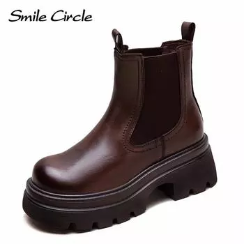 Ботинки челси из натуральной кожи с круглым носком, плюшевые короткие ботинки, удобные модные повседневные ботинки 35 коричневый