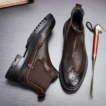 Ботинки Челси Кожаные короткие ботинки Ботинки Мартин Ботинки Брок Резные флисовые кожаные ботинки Толстая подошва Увеличивающие ретро мужские ботинки Мужские ботинки 38