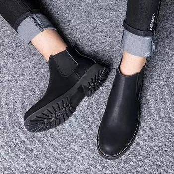 Ботинки Челси Мужская зимняя обувь Черные кожаные ботинки из спилка Мужская обувь Теплые плюшевые меховые зимние ботинки для мужчин 569 6 чёрный