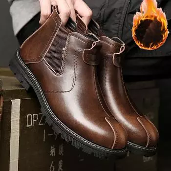 Ботинки Челси Мужские британские мотоциклетные ботинки Высокие зимние бархатные теплые короткие ботинки на платформе из натуральной кожи 38