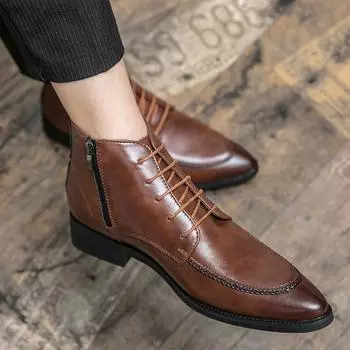 Ботинки челси мужские осень 2024 новые высокие кожаные туфли в британском стиле средней высоты черные рабочие костюмные короткие остроносые ботинки классические ретро 38 чёрный