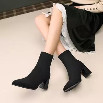 Ботинки «Челси» на толстом каблуке с острыми заостренными краями. Новые женские ботинки «Мартенс», тонкие и эластичные короткие сапоги из плюша. 40