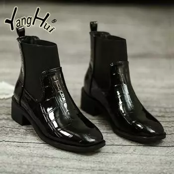 Ботинки Челси на толстом каблуке, женские, из искусственной кожи, эластичная ткань, нескользящая, британский стиль, современная обувь 2024 года, новинка, весна-осень 35 чёрный