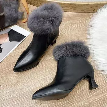 Ботинки «Челси» на высоком каблуке с мехом, остроносые, сексуальные, женские, короткие, плюшевые, теплые, ботильоны, кожаные, зимние, на платформе, женские 35