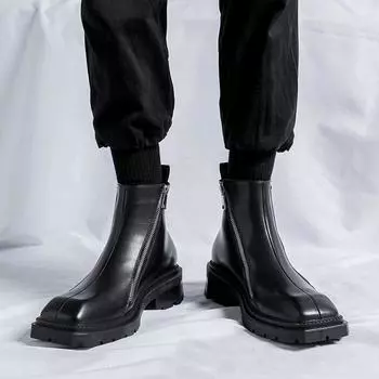 Ботинки челси с квадратной головкой, кожаные туфли в британском стиле, черные, средние, короткие ботинки, с двойной молнией, ботинки Martin Trend 4512-R 38 чёрный