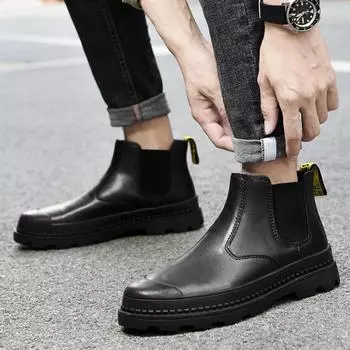 Ботинки «Челси» в британском стиле, черные мужские кожаные ботинки со средним берцем и дымчатой трубкой, весенне-осенние мужские рабочие ботинки с высоким берцем 38