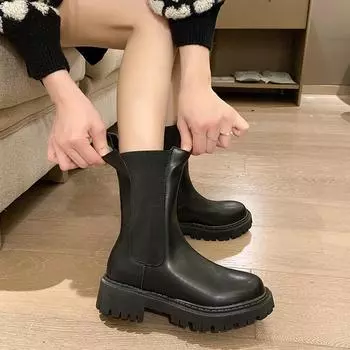 Ботинки челси женские на толстой подошве осень-зима 2024 года новые бархатные ботинки Martin британские ветрозащитные тонкие ботинки-сигареты 35