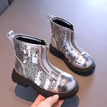 Ботинки для девочек Ботинки принцессы Модные детские короткие ботинки с блестками Зимняя обувь для девочек Детская обувь для мальчиков Ботильоны Zapatos Nia 26 серебряный