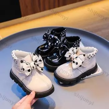 Ботинки для девочек, детские ботинки Butterfly Knot Princess Boots 2024, осень/зима, новые детские нескользящие удобные водонепроницаемые короткие ботинки 26-inner-16.0cm белый