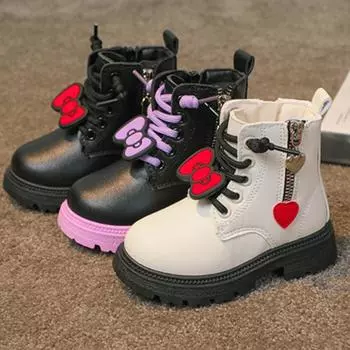 Ботинки для девочек, детские модные резиновые сапоги, классные девчачьи осенне-зимние, мягкая подошва, с бантом сбоку, принцесса, круглый носок, ПУ-сапожки 22 чёрный