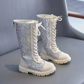 Ботинки для девочек, длинные, с застежкой-молнией сзади, кожаные ботинки для девочек, модная детская обувь на платформе 27 чёрный