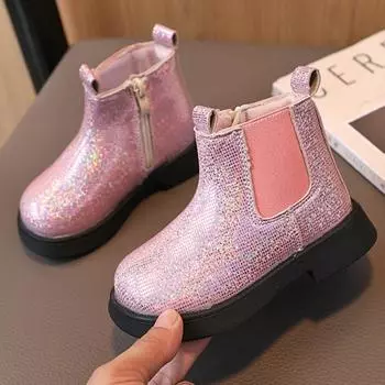 Ботинки для девочек, новые модные ботильоны на осень-зиму, детская повседневная обувь в британском стиле, модные короткие ботиночки с блестками для малышей 21 чёрный