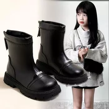 Ботинки для девочек Осень и зима Новый стиль Детская мода Ботинки Martin с короткими рукавами Одинарные ботинки Ботинки принцессы Стильные ботинки для детей среднего возраста 26 чёрный